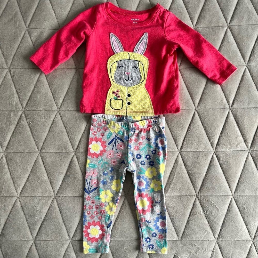 Carter's Girls Bunny In Yellow Raincoat and Floral Pants Outfit SET Size 6m - Picture 7 of 10